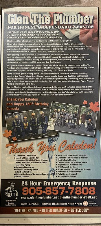 Glen The Plumber's feature in the Caledon Enterprise