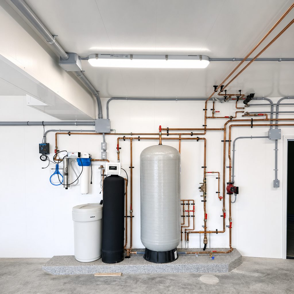 Whole-home water softener and filtration system with neat copper piping